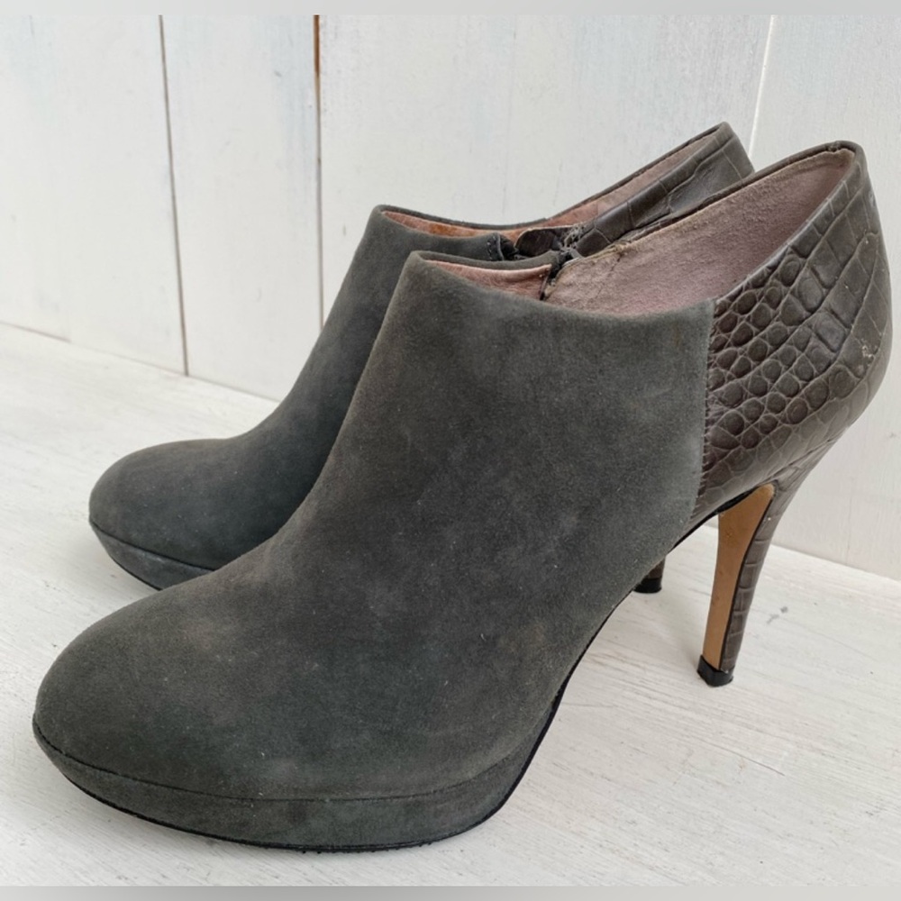 Vince Camuto Gray Suede & Brown Croc Heel Ankle Booties
